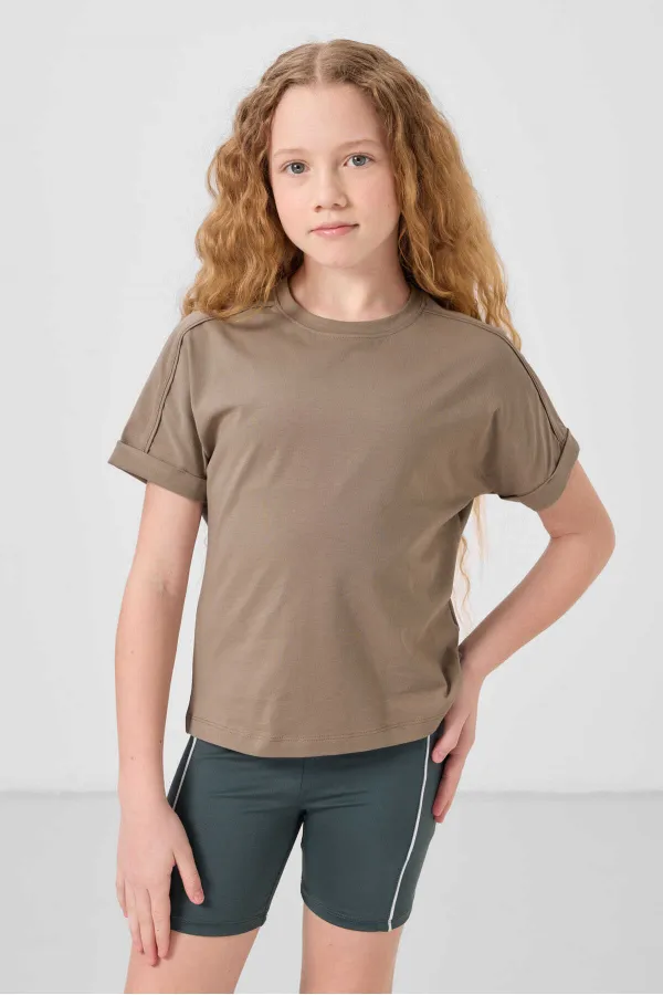 T-shirt basique Tommylife en coton, col rond, coupe oversize, pour fille, beige foncé, référence 75182.