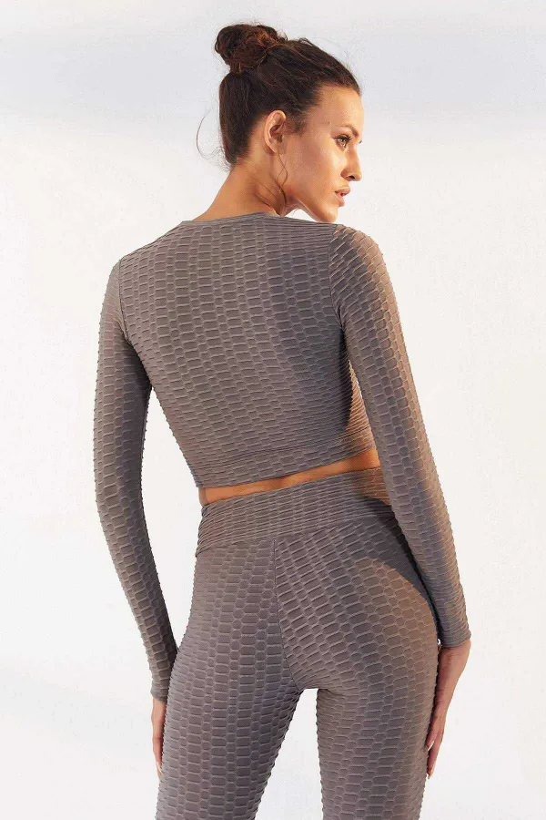 Tommylife Toptan Gri Kendinden Desenli O Yaka Uzun Kol Kadın Crop Top T-Shirt - 97153