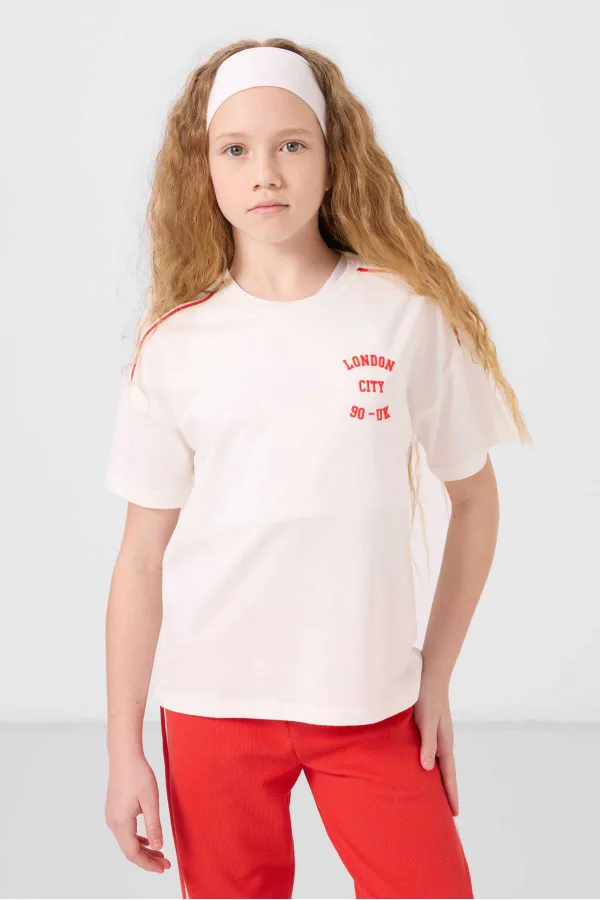 Tommylife Wholesale Crew Neck Printed Elasticated Hem Standard Fit Girls' Tracksuit Set 75186 Ecru Fiesta