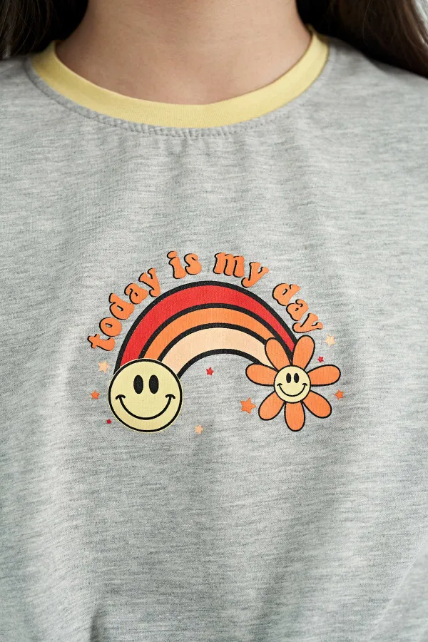 Tommylife Wholesale Grey Melange Print Detail Crew Neck Multicolored Tie Detail Girls' T-Shirt - 75113