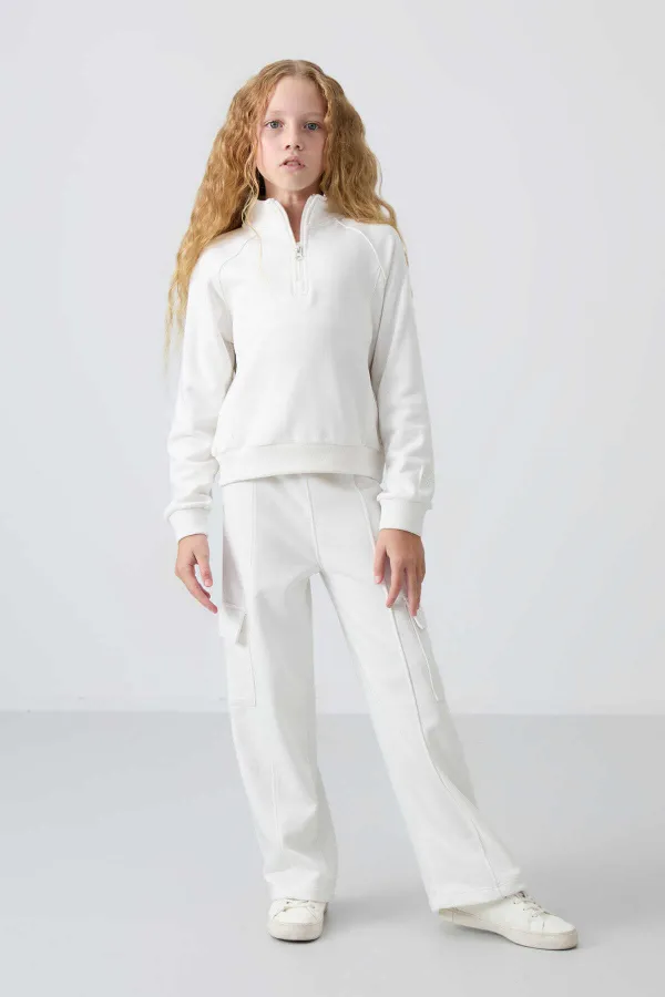 Tommylife Toptan 7-15 Yaş Dik Yaka Standart Kalıp Kız Çocuk Eşofman Takımı 75159 Ekru