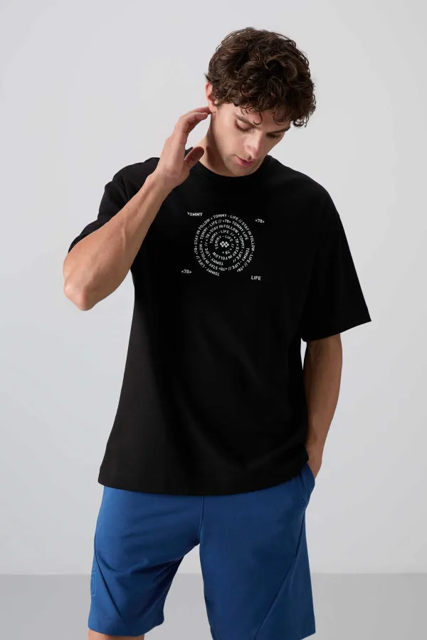 Tommylife Wholesale Crew Neck Oversize Printed Men's T-Shirt 88324 Black - White