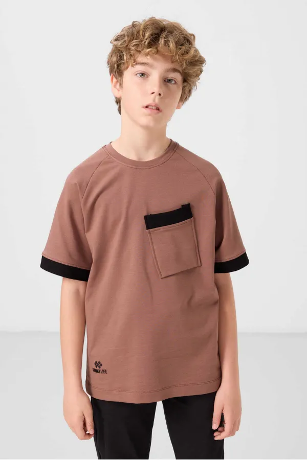 T-shirt garçon Tommylife en coton doux texturé, coupe oversize, avec poche, référence 11295, couleur cannelle