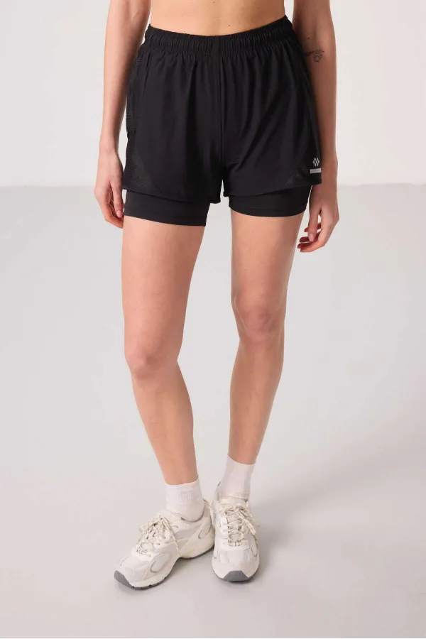 Short Tommylife en polyester, coupe standard, poche cachée, fermeture éclair, legging intégré - 91015 Noir