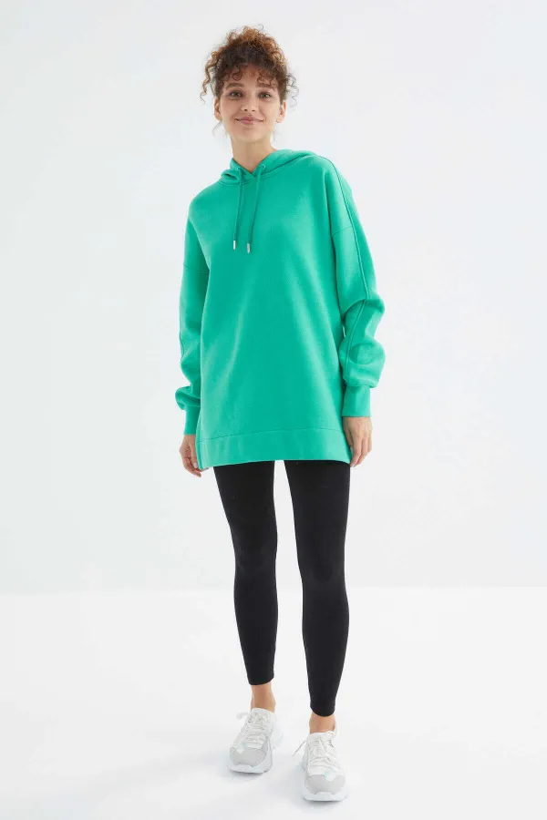 Tommylife Toptan Deniz Yeşili Reglan Kol Basic Kapüşonlu Oversize Tunik - 97242