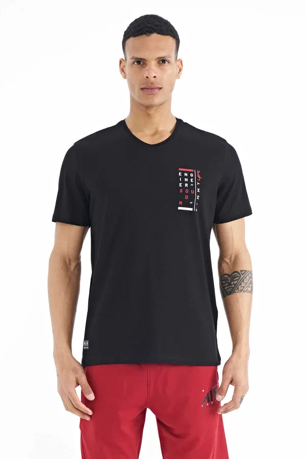 Tommylife Wholesale Black Print Detail V-Neck Standard Fit Men's T-Shirt - 88186