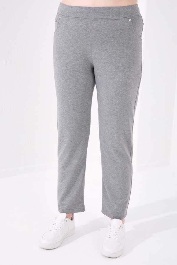 Tommylife Toptan Gri Melanj Klasik Paça Taş Detaylı Kadın Büyük Beden Eşofman Alt - 94040