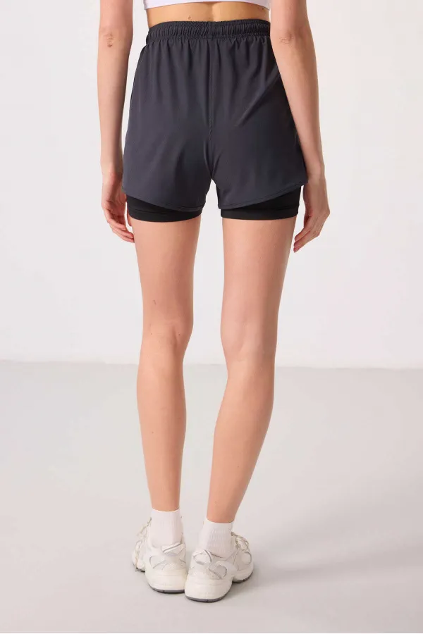 Tommylife Toptan Polyester Gizli Cep Fermuarlı Standart Kalıp Kadın İçi Taytlı Şort - 91015 Antrasit