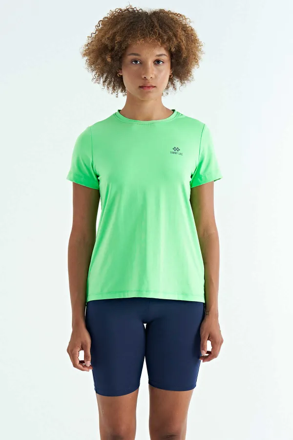 T-shirt femme Tommylife en gros, vert fluo, fendu au dos, col rond, manches courtes, coupe standard - 97267