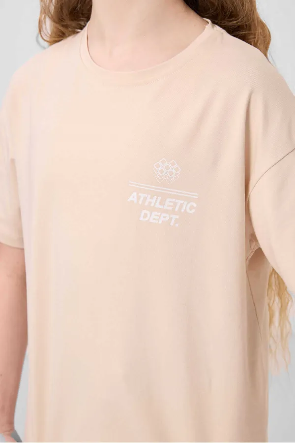 Tommylife Wholesale Cotton Crew Neck Oversize Fit Basic Girls' T-Shirt 75178 Beige