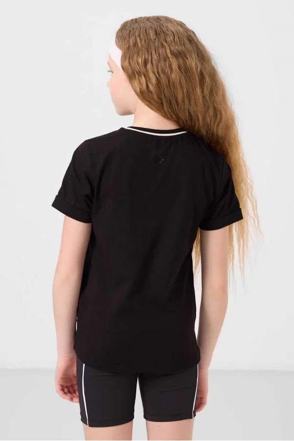 Tommylife Toptan Pamuklu O Yaka Oversize Fit Baskılı Kız Çocuk T Shirt 75177 Siyah