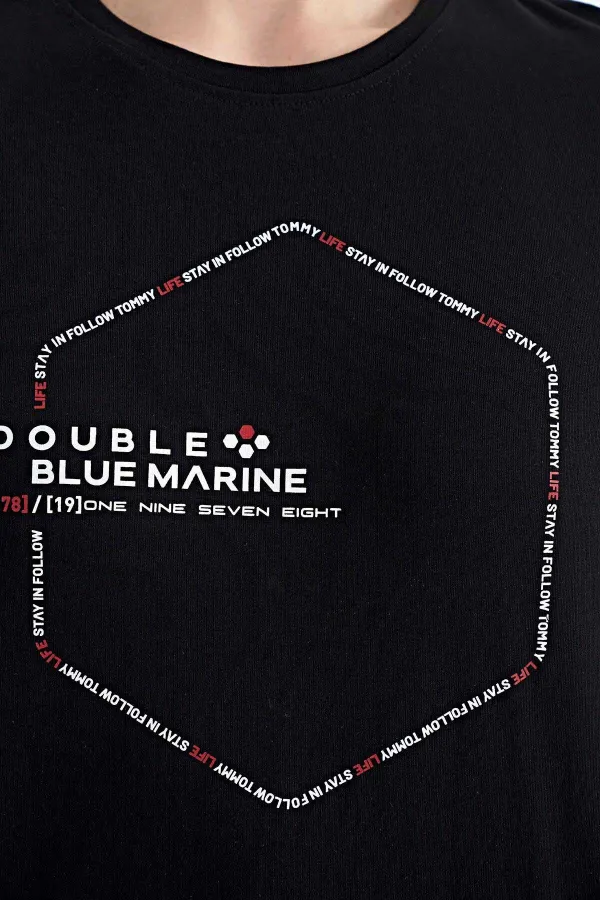 Tommylife Toptan Siyah Yazı Geometri Baskılı Standart Kalıp Erkek T-Shirt - 88198