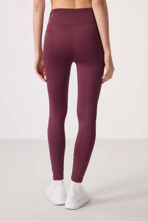 Tommylife Toptan Polyester Esnek Standart Fit Performans Kadın Tayt - 94667 Bordo