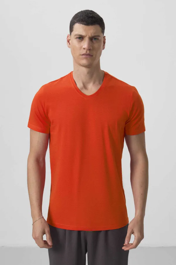 Tommylife Wholesale V-Neck Standard Fit Basic Men's T-Shirt 87912 Orange