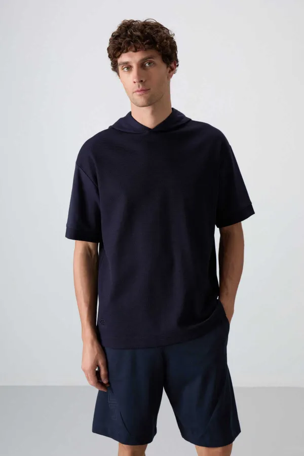 Tommylife Wholesale Hooded Oversize Basic Men's T-Shirt 88335 Navy Blue