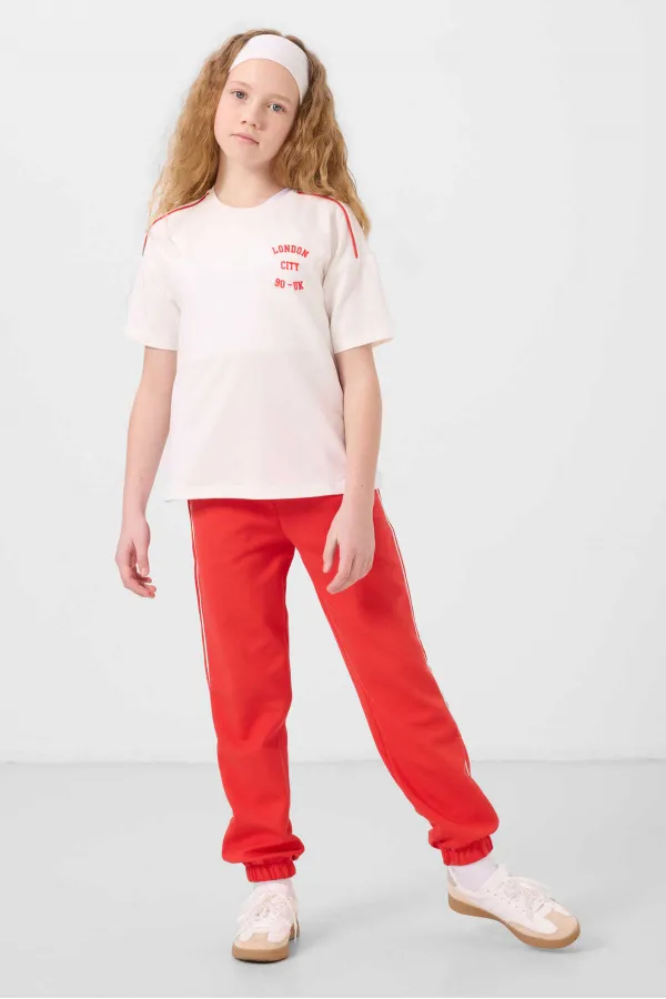 Tommylife Wholesale Crew Neck Printed Elasticated Hem Standard Fit Girls' Tracksuit Set 75186 Ecru Fiesta