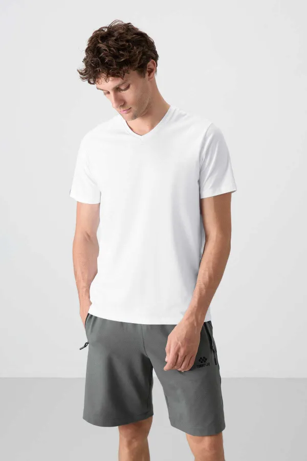 Tommylife Toptan V Yaka Standart Kalıp Basic Erkek T-Shirt 87912 Beyaz