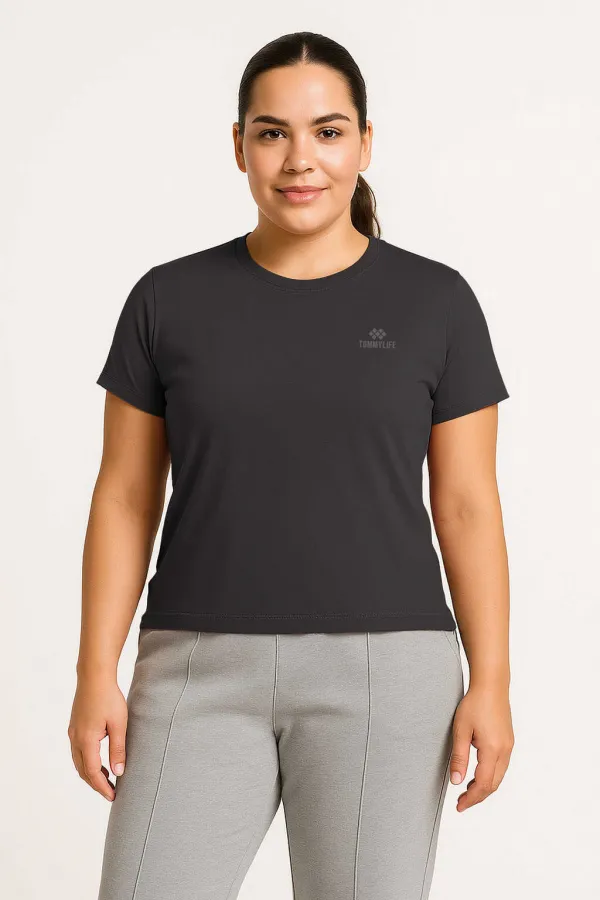 Tommylife Toptan Koyu Gri O Yaka Basic Battal Büyük Beden Kadın T-Shirt - 97308