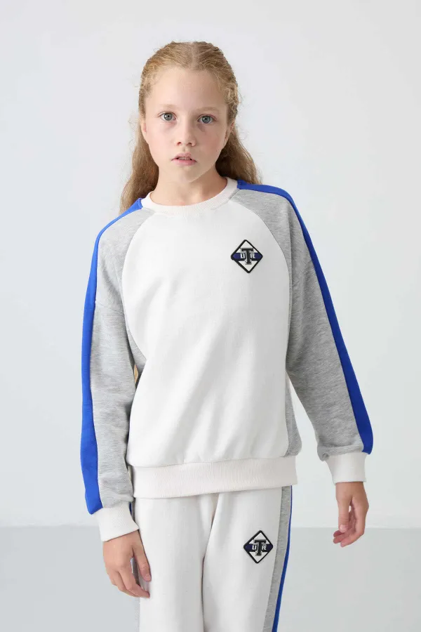 Tommylife Toptan 7-15 Yaş O Yaka Standart Kalıp Kız Çocuk Eşofman Takımı 75165 Ekru