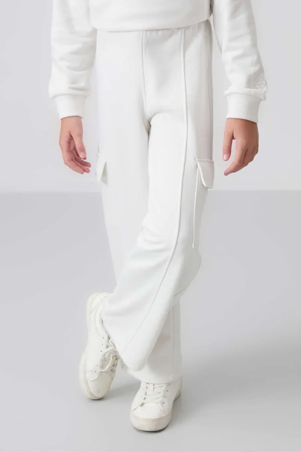 Tommylife Toptan 7-15 Yaş Dik Yaka Standart Kalıp Kız Çocuk Eşofman Takımı 75159 Ekru