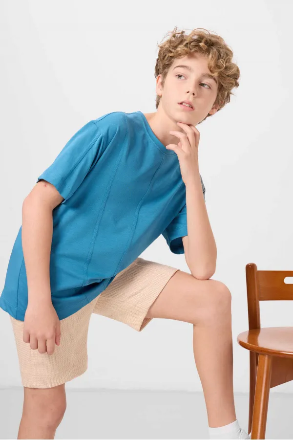 T-shirt basique oversize en coton doux texturé Tommylife pour garçon, couleur bleu pétrole, référence 11297.