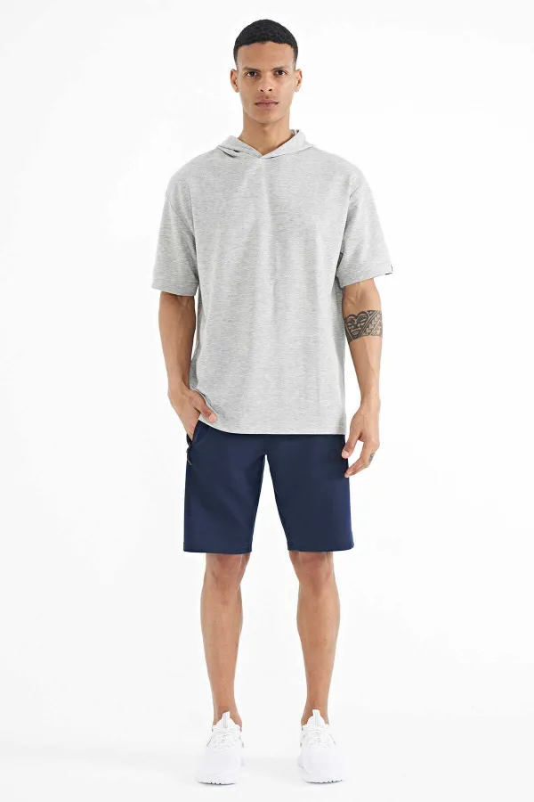 Tommylife Toptan Gri Melanj Kapüşonlu Kol Etiket Detaylı Oversize Erkek T-Shirt - 88179