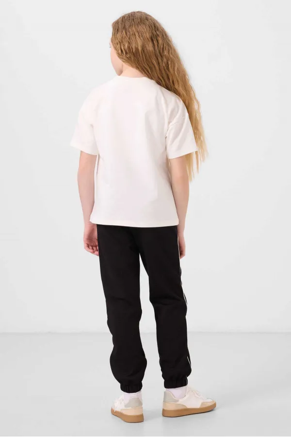 Ensemble de survêtement Tommylife Wholesale pour filles, col rond imprimé, ourlet élastiqué, coupe standard, réf. 75186, écru et noir