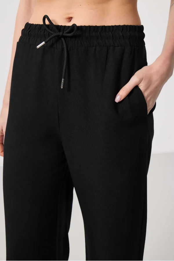 Tommylife Toptan Keten Geniş Paça Rahat Form Kadın Palazzo Pantolon - 94675 Siyah