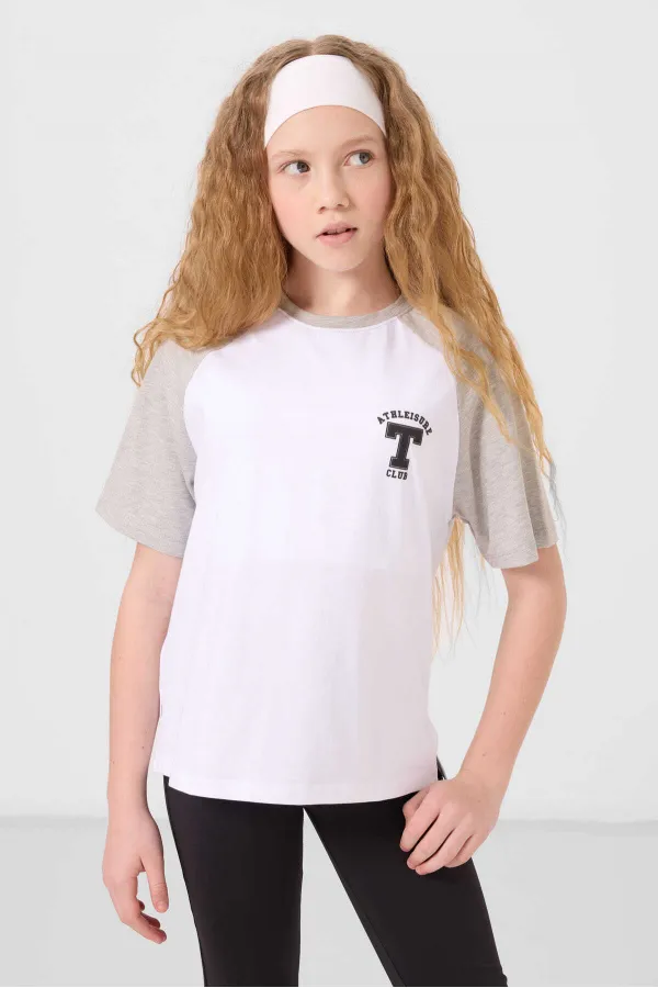 Tommylife Toptan O Yaka  Pamuklu Baskılı Oversize Fit Kız Çocuk T Shirt 75179 Beyaz