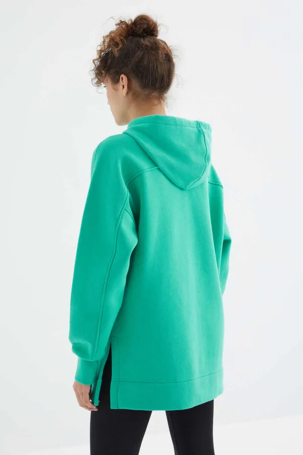 Tommylife Toptan Deniz Yeşili Reglan Kol Basic Kapüşonlu Oversize Tunik - 97242