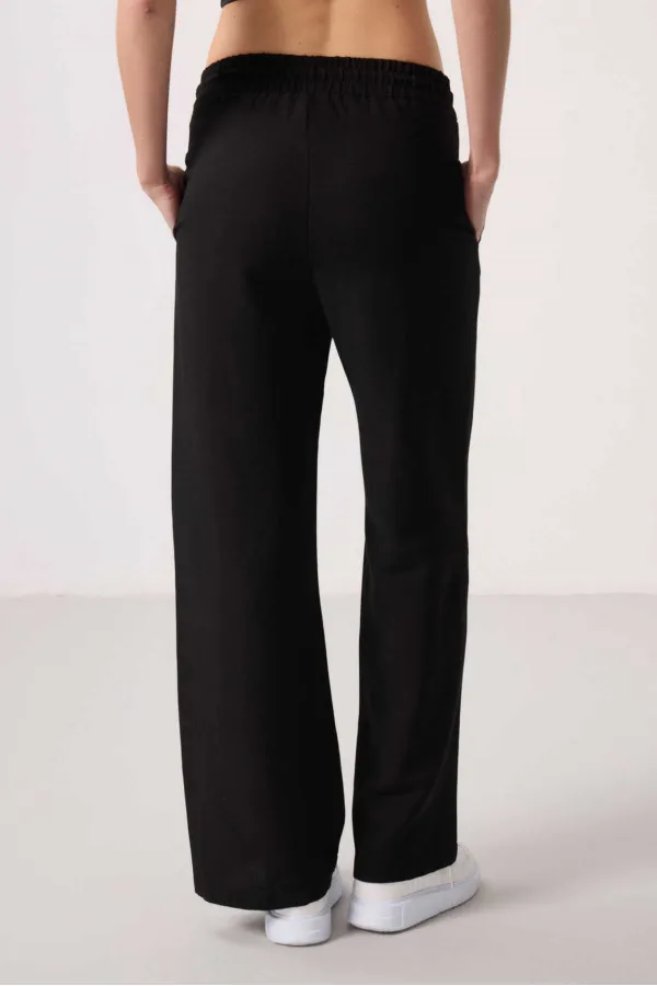 Tommylife Toptan Keten Geniş Paça Rahat Form Kadın Palazzo Pantolon - 94675 Siyah