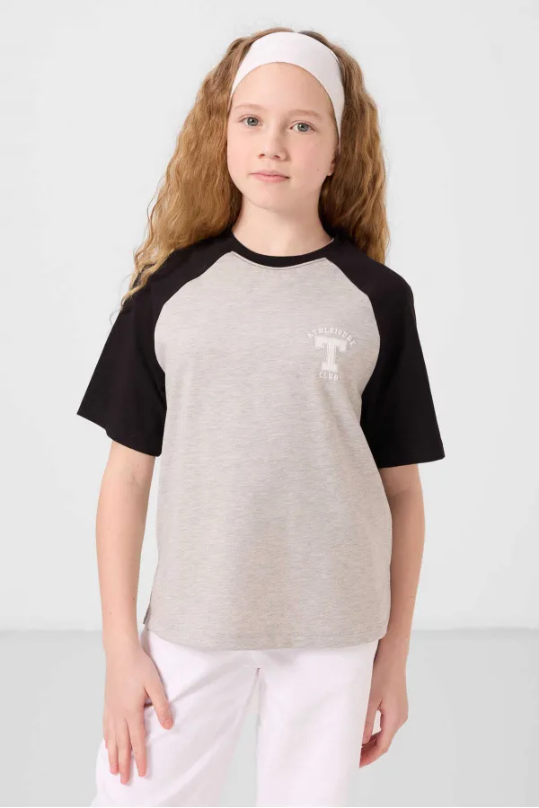 Tommylife Toptan O Yaka  Pamuklu Baskılı Oversize Fit Kız Çocuk T Shirt 75179 Gri Melanj