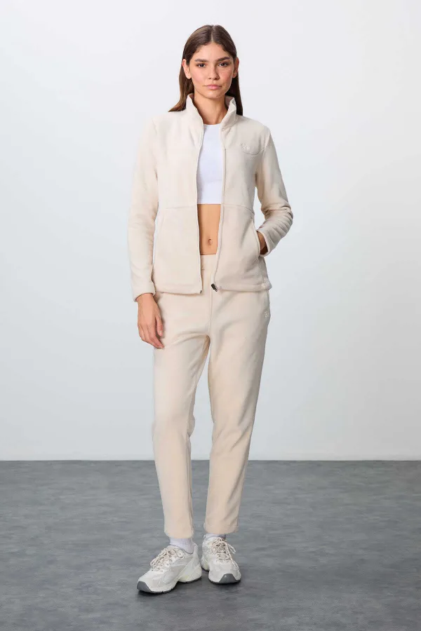 Ensemble de survêtement en polaire Tommylife Wholesale pour femme, coupe classique, col montant, taille oversize, beige, référence 95339