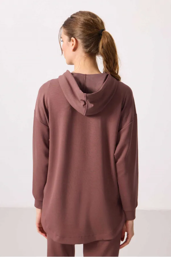 Tommylife Wholesale Soft Texture Hooded Oversize Women's Tunic Sweatshirt - 97302 Brown