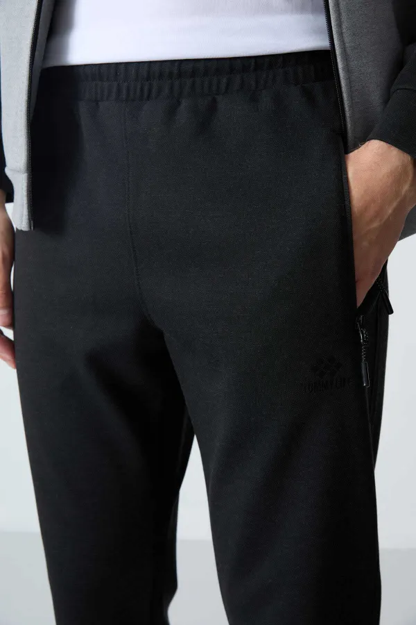 Tommylife Toptan Rahat Kalıp Dik Yaka Klasik Paça Erkek Eşofman Takımı 85113 Gri Melanj - Siyah