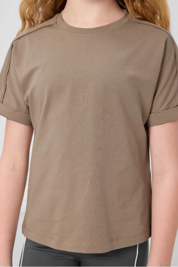 T-shirt basique Tommylife en coton, col rond, coupe oversize, pour fille, beige foncé, référence 75182.