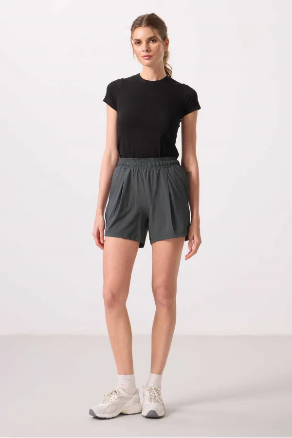 Tommylife Toptan Polyester Gizli Cep Fermuarlı Rahat Form Kadın Şort - 91014 Haki