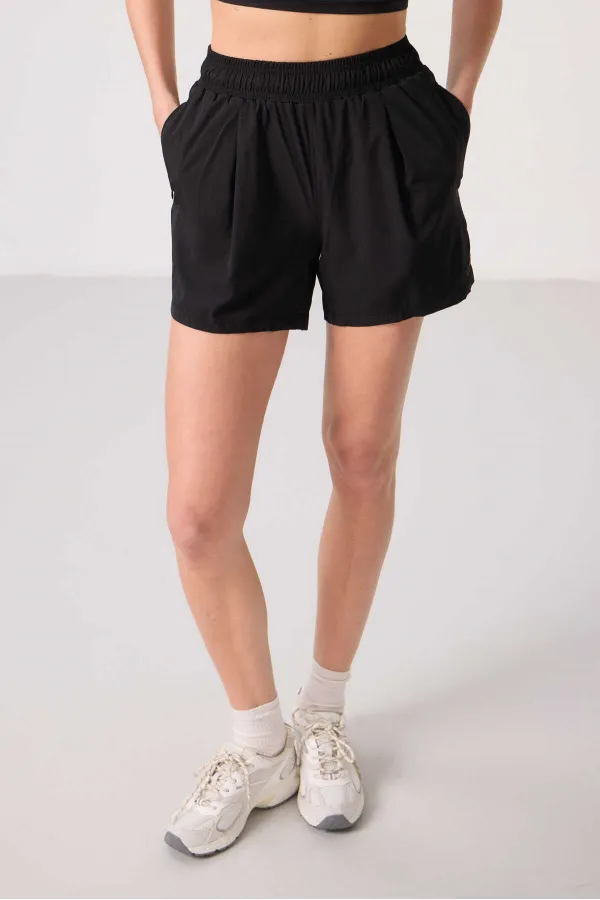 Tommylife Toptan Polyester Gizli Cep Fermuarlı Rahat Form Kadın Şort - 91014 Siyah