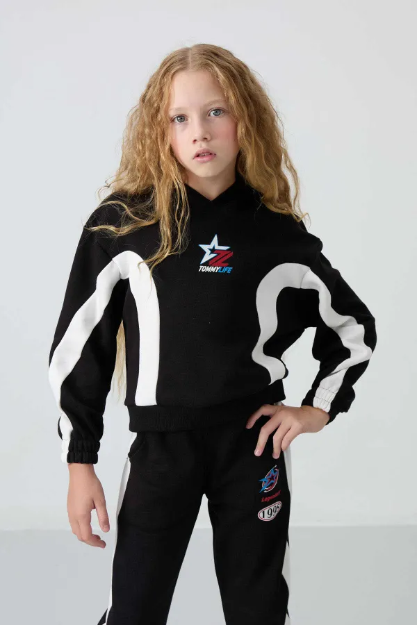 Tommylife Toptan 7-15 Yaş Kapüşonlu Oversize Kız Çocuk Eşofman Takımı 75166 Siyah