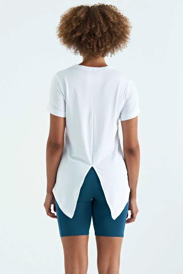 T-shirt femme Tommylife Wholesale blanc à fente au dos, col rond, manches courtes, coupe standard - 97267