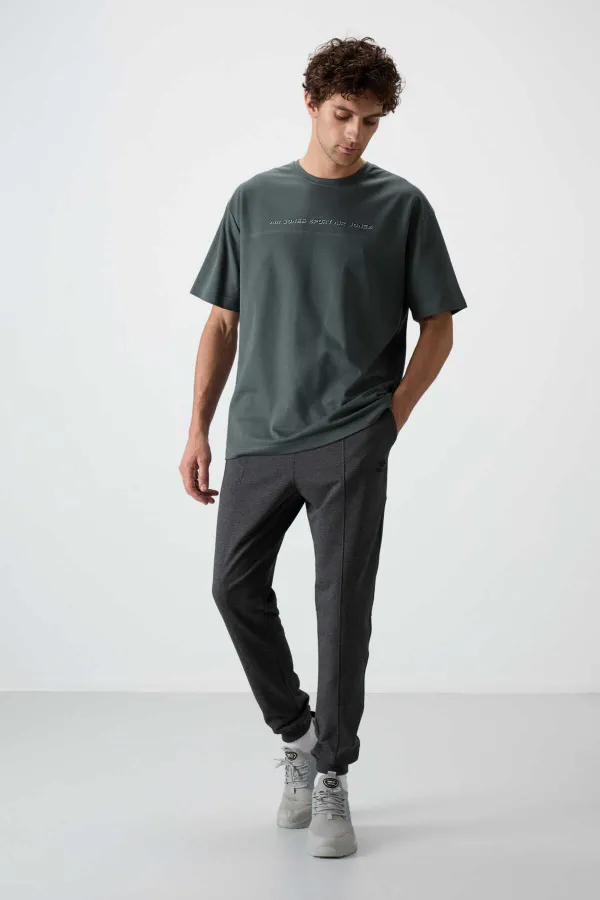Tommylife Toptan Comfort Fit Nakışlı Erkek Jogger Eşofman Alt 82123 Antrasit Melanj