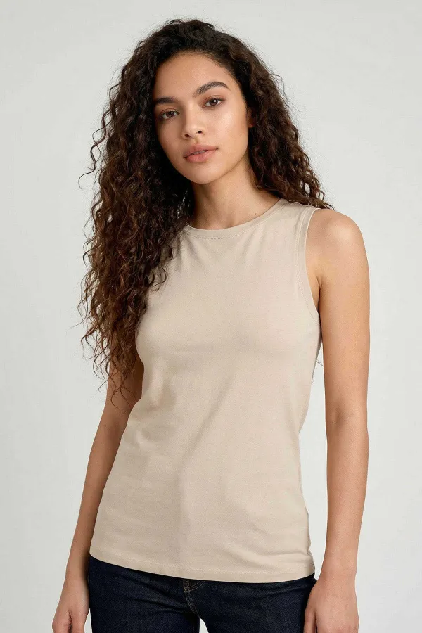 Tommylife Toptan Bej Slim Fit Basic O Yaka Sıfır Kol Kadın Atlet - 97313