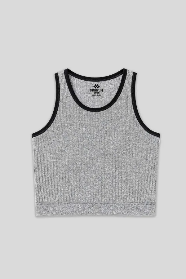 Débardeur court sans manches à col en U, coupe ajustée, gris chiné, Tommylife Wholesale - 97160