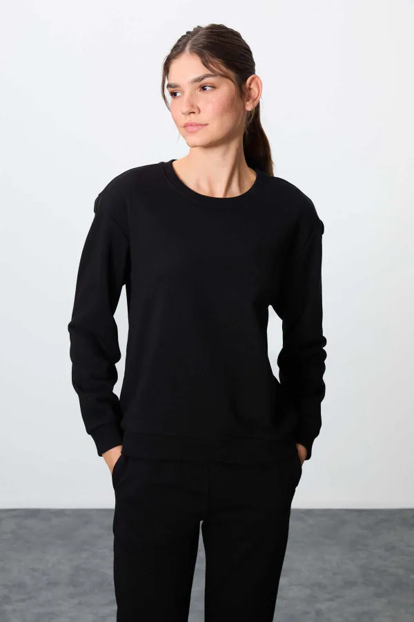 Tommylife Toptan Oversize O Yaka Jogger Kadın Eşofman Takımı 95341 Siyah