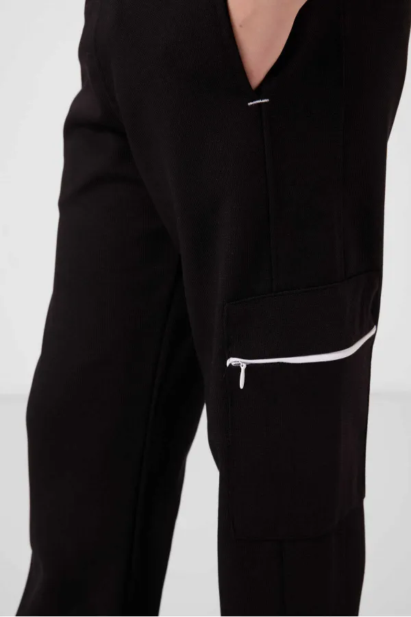 Tommylife Toptan O Yaka Baskılı Lastik Paça Kargo Cepli Kız Çocuk Eşofman Takım 75173 Beyaz Siyah