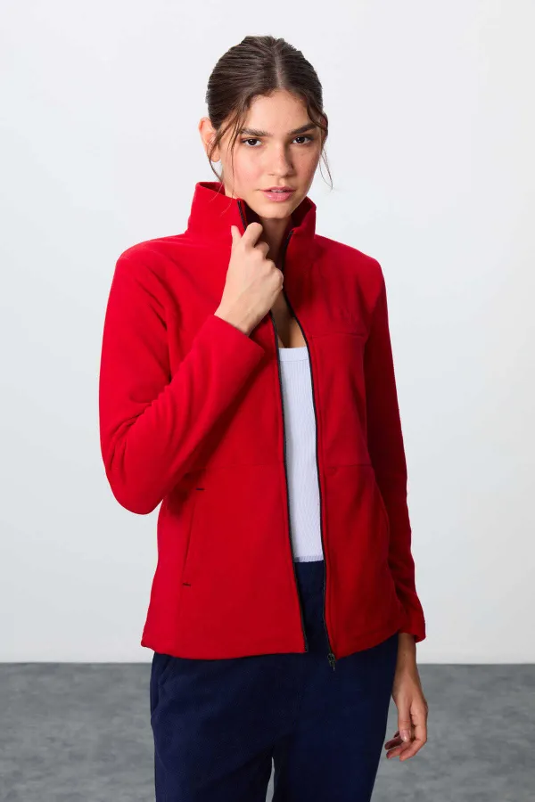 Ensemble de survêtement en polaire Tommylife Wholesale pour femme, coupe classique, col montant, taille oversize, rouge et marine (réf. 95339).