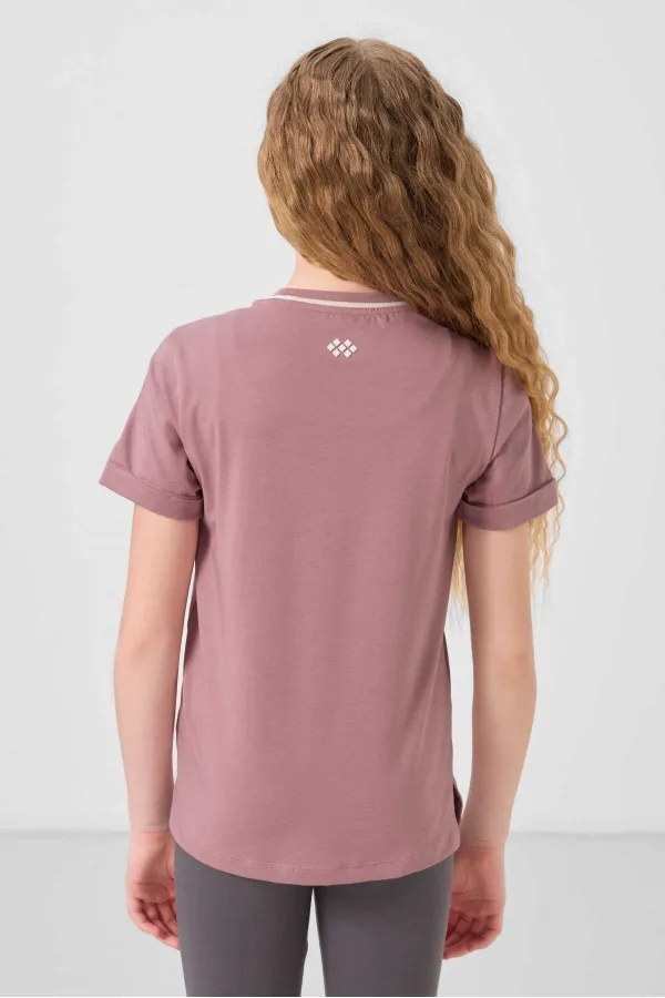 Tommylife Toptan Pamuklu O Yaka Oversize Fit Baskılı Kız Çocuk T Shirt 75177 Gül Kurusu