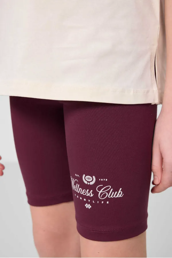 Tommylife Toptan Pamuklu O Yaka Standart Fit Baskılı Kız Çocuk Tayt Takım 75190 Ekru Bordo