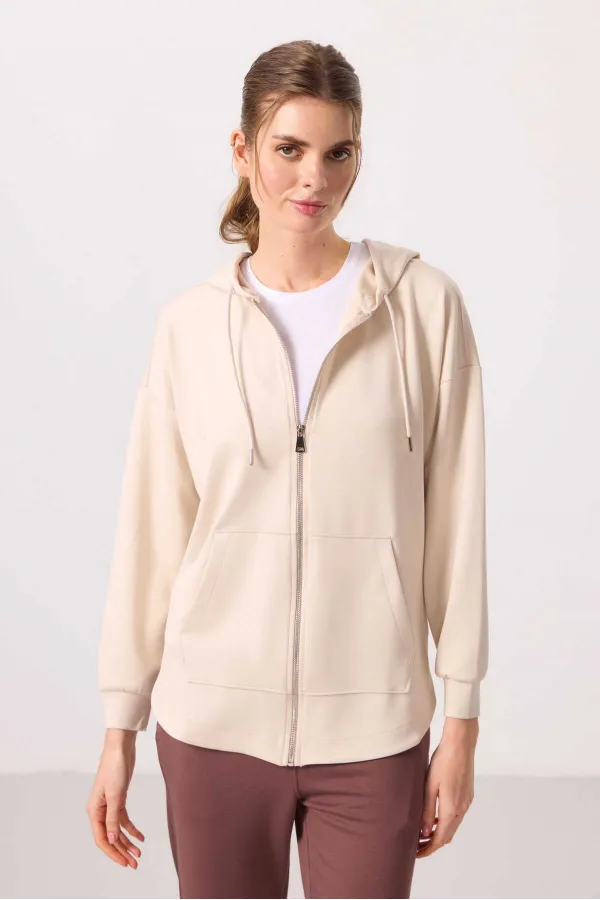 Tommylife Wholesale Soft Texture Hooded Oversize Women's Tunic Sweatshirt - 97302 Beige