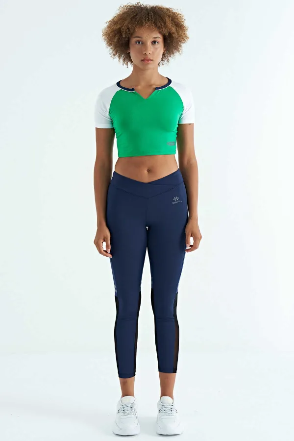 Tommylife Wholesale Green Color Block Logo Print Crew Neck Slim Fit Women's Crop T-Shirt - 97270